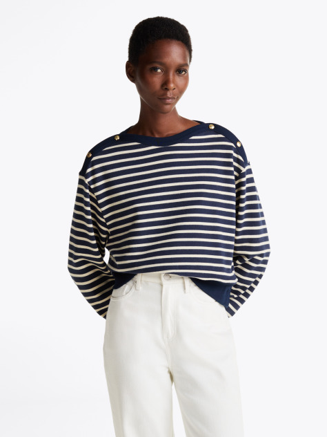 Multi Gold-Tone Button Boat Neck Sweatshirt  Women