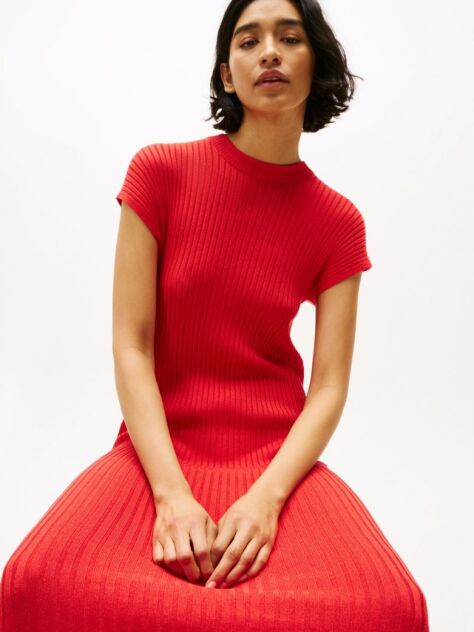 Red Cap Sleeve Ribbed Midi Jumper Dress  Women