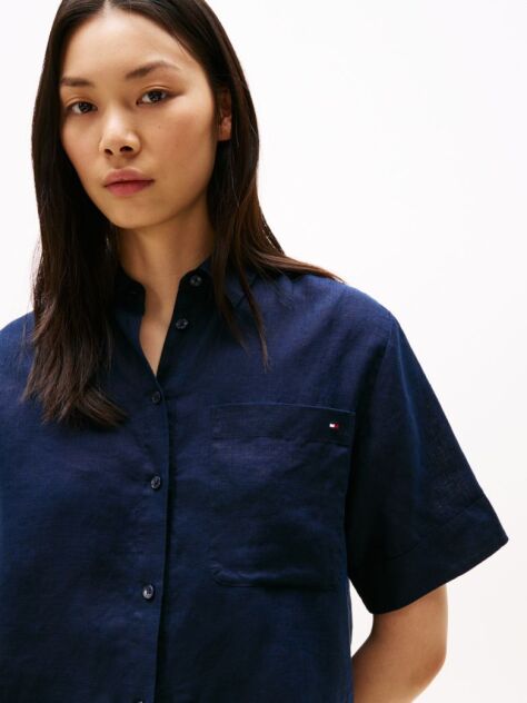 Blue Relaxed Fit Short Sleeve Linen Shirt  Women
