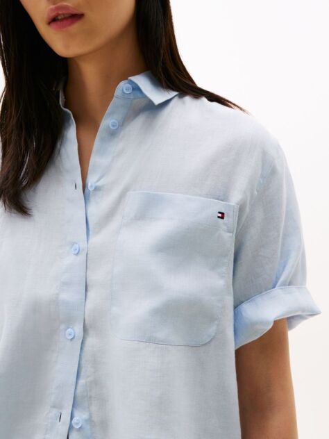 Blue Relaxed Fit Short Sleeve Linen Shirt  Women