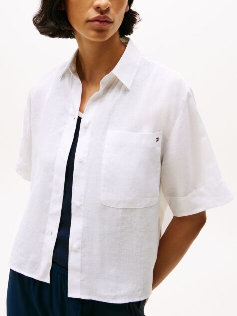 White Relaxed Fit Short Sleeve Linen Shirt  Women