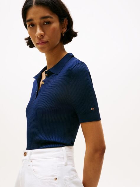 Blue Ribbed Short Sleeve Polo Jumper  Women