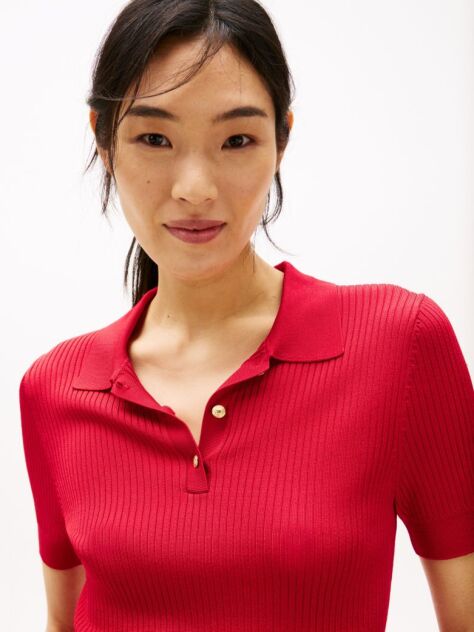Red Ribbed Short Sleeve Polo Jumper  Women