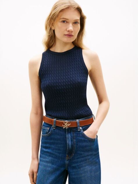 Blue Cable Knit Sleeveless Slim Jumper  Women