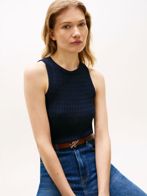 Blue Cable Knit Sleeveless Slim Jumper  Women