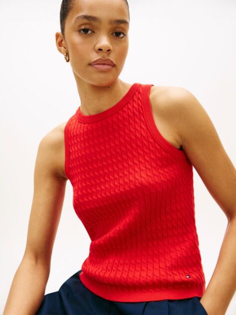 Red Cable Knit Sleeveless Slim Jumper  Women
