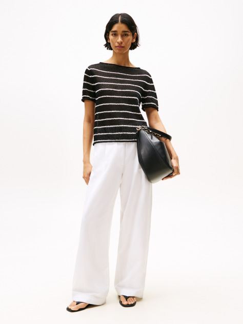 White Wide Leg Trousers With Linen  Women
