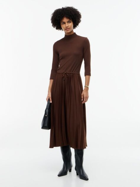 Brown Pleated Midi Fit And Flare Dress  Women