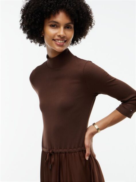 Brown Pleated Midi Fit And Flare Dress  Women