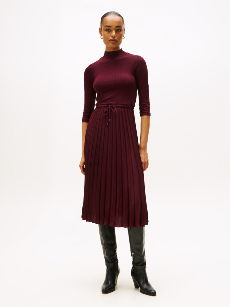 Red Pleated Midi Fit And Flare Dress  Women