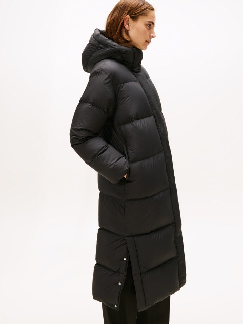 Black Down Hooded Longline Puffer Coat  Women