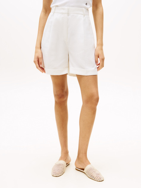 White Linen Blend Pleated Shorts  Women