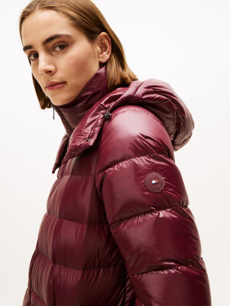 Red Shiny Down Longline Puffer Coat  Women