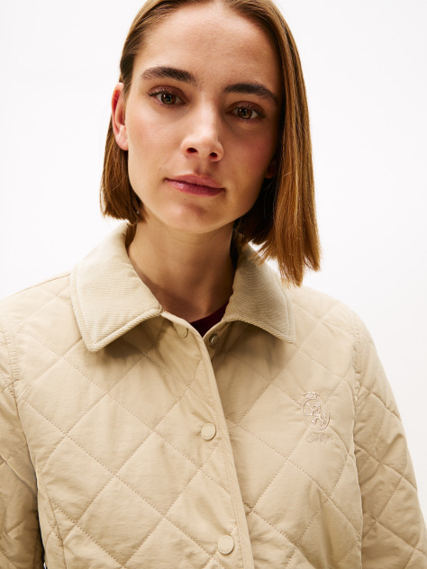 Beige Crest Embroidery Padded Quilted Slim Jacket  Women