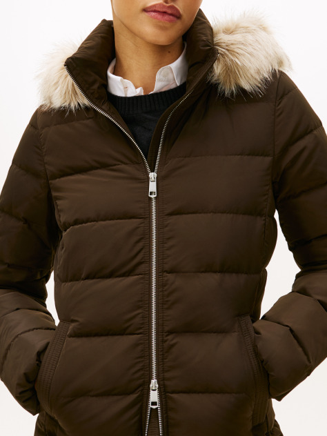 Brown Faux Fur Hood Down Puffer Coat  Women