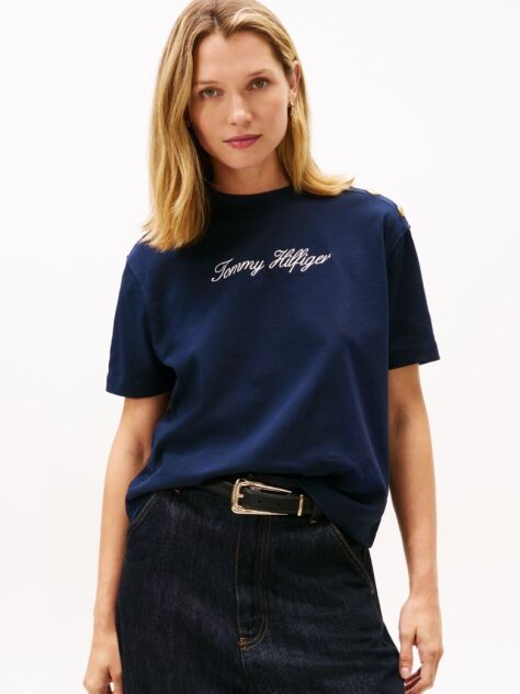 Μπλε Άνετο T-Shirt Mε Κεντημένο Λογότυπο Και Χρυσά Κουμπιά  Γυναίκες
