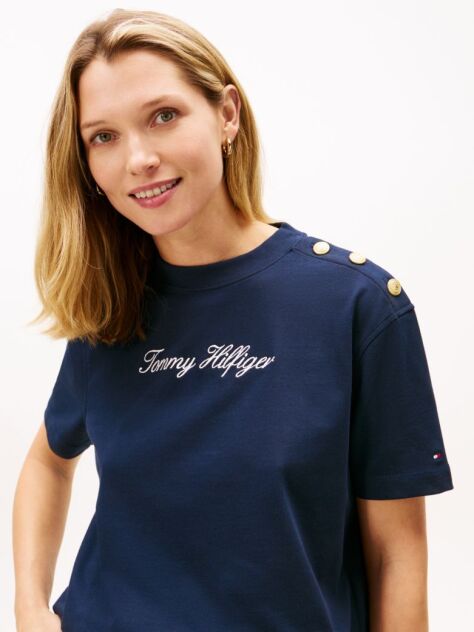 Μπλε Άνετο T-Shirt Mε Κεντημένο Λογότυπο Και Χρυσά Κουμπιά  Γυναίκες