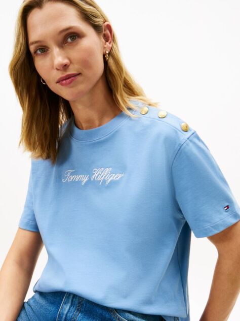 Blue Gold-Tone Button Logo Embroidery Relaxed T-Shirt  Women