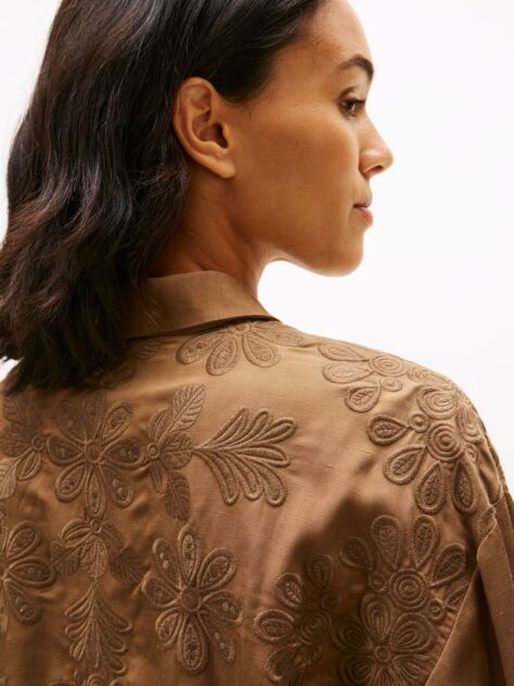 Brown Floral Embroidery Oversized Fit Shirt With Linen  Women