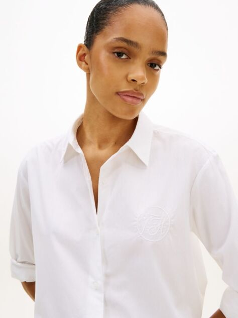 White Oversized Fit Logo Embroidery Shirt  Women