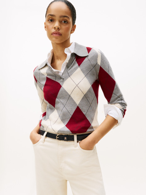 Multi Argyle Polo Collar Slim Longline Jumper  Women