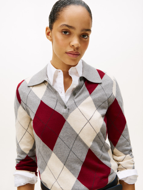 Multi Argyle Polo Collar Slim Longline Jumper  Women