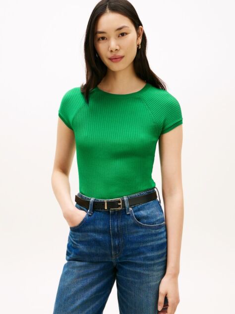 Green Ribbed Cap Sleeve Slim Top  Women