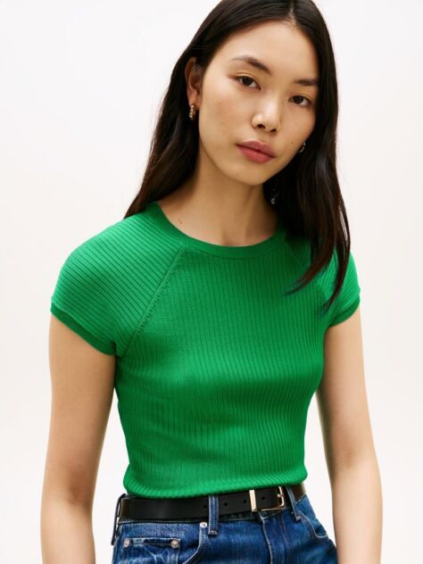 Green Ribbed Cap Sleeve Slim Top  Women