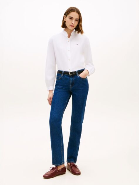 White Five-Pocket Mid Rise Straight Leg Jeans  Women