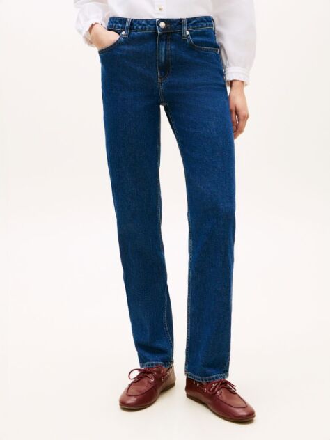 White Five-Pocket Mid Rise Straight Leg Jeans  Women