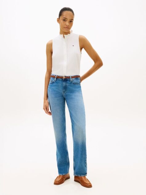 Blue Whiskered Mid Rise Straight Leg Jeans  Women