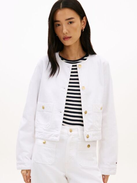 White Gold-Tone Button Collarless Denim Jacket  Women