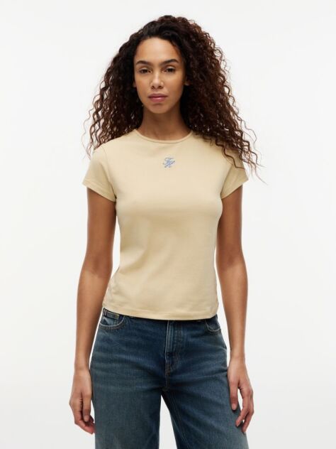 Μπεζ Slim Βαμβακερό T-Shirt Με Λογότυπο  Γυναίκες