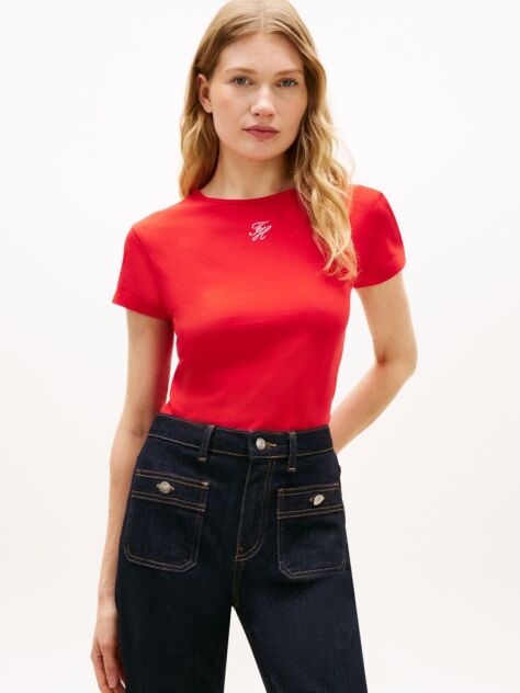 Κόκκινο Slim Βαμβακερό T-Shirt Με Λογότυπο  Γυναίκες