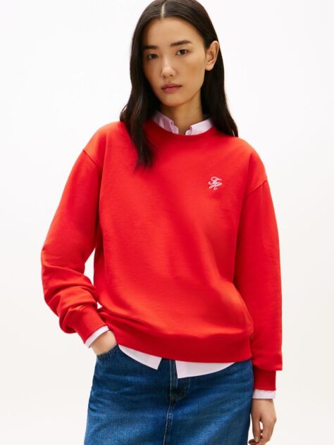 Red Logo Embroidery Crew Neck Sweatshirt  Women