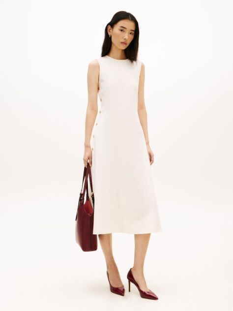 Beige Gold-Tone Button Sleeveless Midi Dress  Women