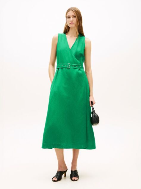 Green Belted Linen Blend Sleeveless Wrap Midi Dress  Women