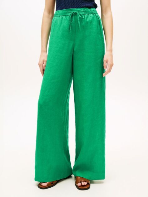 Green Relaxed Wide Leg Pure Linen Trousers  Women