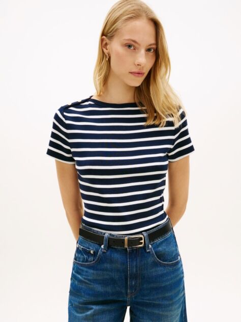 Multi Slim T-Shirt Με Χρυσά Κουμπιά Και Boat Λαιμόκοψη  Γυναίκες