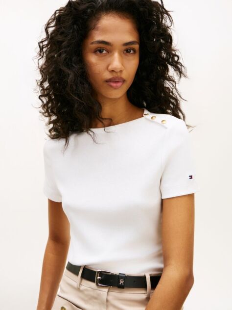 White Gold-Tone Button Slim Boat Neck T-Shirt  Women