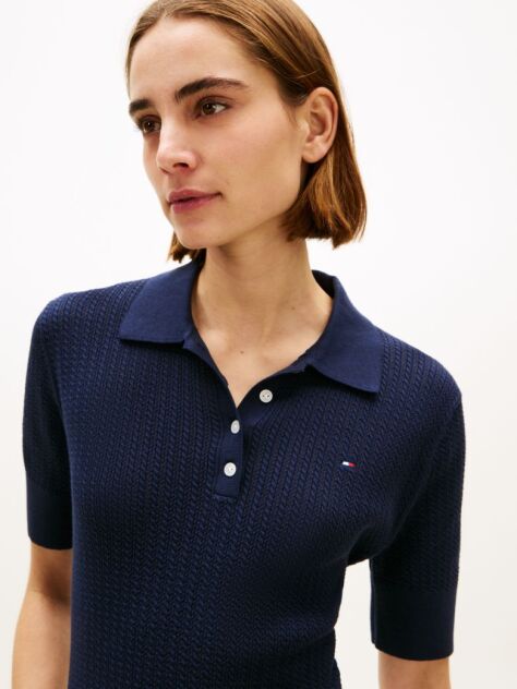 Blue Pointelle Short Sleeve Polo Jumper  Women