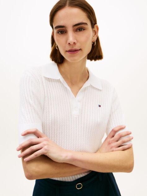 White Pointelle Short Sleeve Polo Jumper  Women