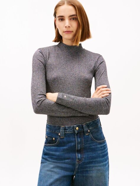 Grey Festive Metallic Slim Long Sleeve Top  Women