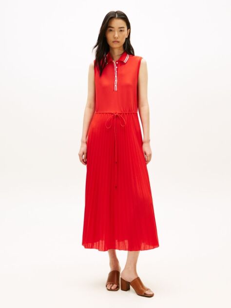 Red 1985 Pleated Sleeveless Midi Polo Dress  Women