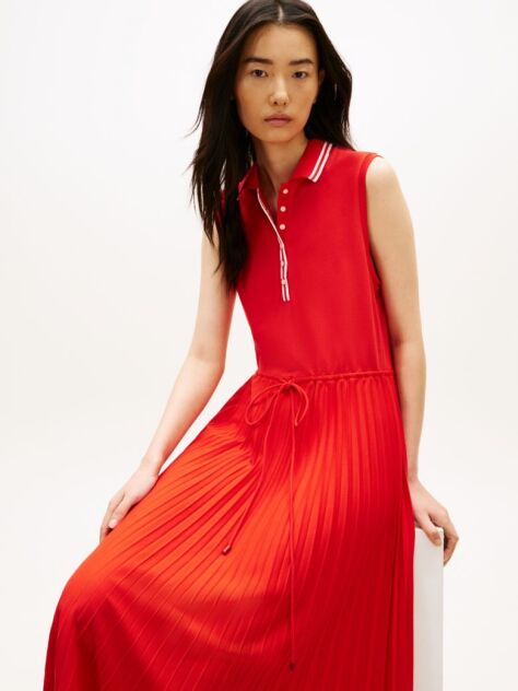 Red 1985 Pleated Sleeveless Midi Polo Dress  Women