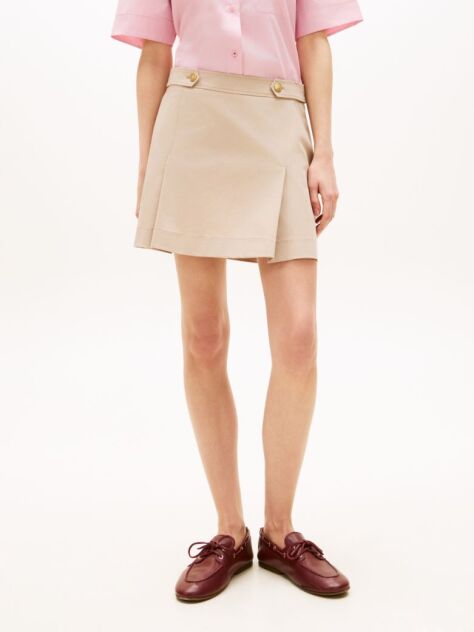 Beige Gold-Tone Button Crest Pleated Mini Skirt  Women