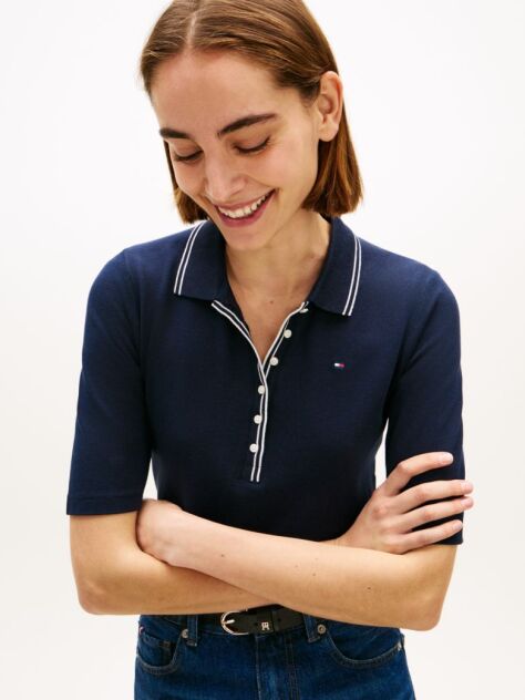 Blue Slim Fit Tipped Half Sleeve Polo Shirt  Women