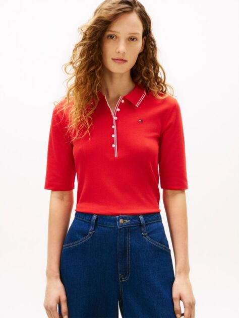 Red Slim Fit Tipped Half Sleeve Polo Shirt  Women