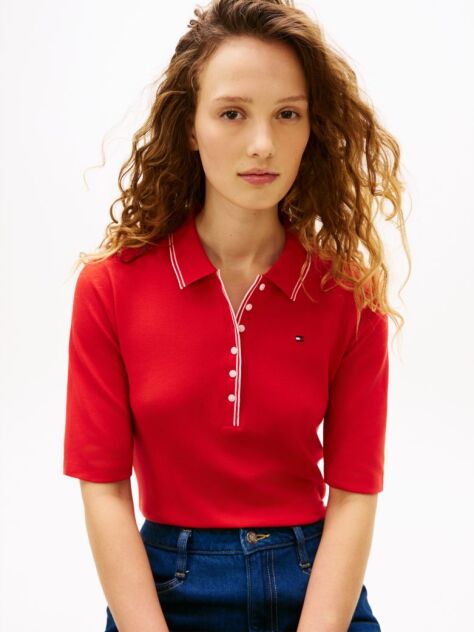 Red Slim Fit Tipped Half Sleeve Polo Shirt  Women