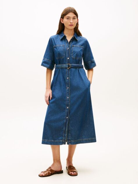 Μπλε Denim Midi Φόρεμα Πουκαμίσα Με Ζώνη  Γυναίκες